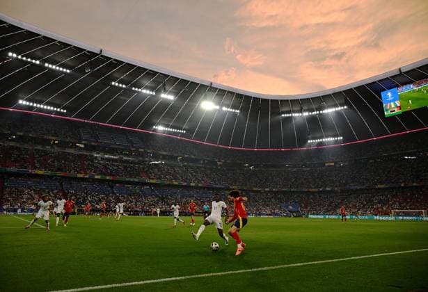 Russia Soccer Euro 2024 Spain - France 8726079 09.07.2024 France s Ousmane Dembele and Spain s Marc Cucurella struggle for the ball during the UEFA EURO, EM, Europameisterschaft,Fussball 2024 semi-final soccer match between Spain and France at the Munich Football Arena in Munich, Germany. Alexey Filippov Sputnik Munich Germany  Copyright: xAlexeyxFilippovx