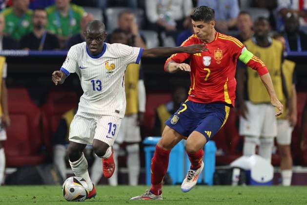 UEFA EURO, EM, Europameisterschaft,Fussball 2024: Semi-finals Spain vs France at Munich Football Allianz Arena Munich , Germany 09.07.2024: N Golo Kante of France, Alvaro Morata of Spain during the UEFA EURO 2024 semi-finals, football match between Spain vs France at Munich Football Allianz Arena Munich Football Arena Germany Germany Copyright: xmarcoxiacobucci