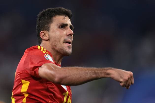 Munich, Germany, 9th July 2024. Rodri of Spain celebratest he 2-1 victory and qualififcaiotn for the FInal following the final whistle of the UEFA European Championships semi final match at Allianz Arena, Munich. Picture credit should read: Jonathan Moscrop Sportimage EDITORIAL USE ONLY. No use with unauthorised audio, video, data, fixture lists, club league logos or live services. Online in-match use limited to 120 images, no video emulation. No use in betting, games or single club league player publications. SPI-3224-0071