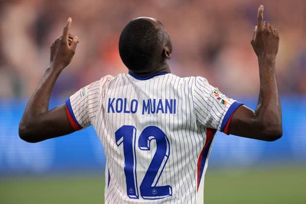Munich, Germany, 9th July 2024. Randal Kolo Muani of France celebrates after scoring to give the side a 1-0 lead during the UEFA European Championships semi final match at Allianz Arena, Munich. Picture credit should read: Jonathan Moscrop Sportimage EDITORIAL USE ONLY. No use with unauthorised audio, video, data, fixture lists, club league logos or live services. Online in-match use limited to 120 images, no video emulation. No use in betting, games or single club league player publications. SPI-3224-0066