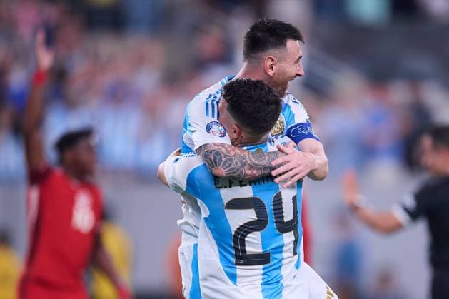 RECORD DATE NOT STATED Copa America USA 2024 Argentina vs Canada - Semifinal Lionel Messi celebrates his goal 2-0 with Enzo Fernandez of Argentina during the CONMEBOL Copa America 2024 Semi-final match between Argentina and Canada, at MetLife Stadium, on July 09, 2024 in East Rutherford, New Jersey, United States. EAST RUTHERFORD NEW JERSEY UNITED STATES  Copyright: xJosexLuisxMelgarejox 20240709201557_CA_SF_2024_ARG_CAN_MESSI195
