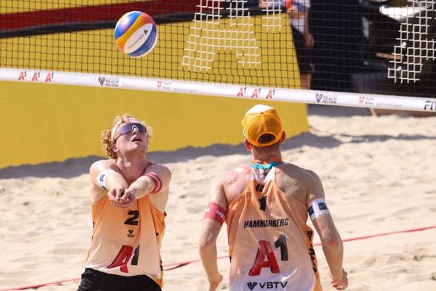 BEACHVOLLEYBALL - Beach Pro Vienna VIENNA,AUSTRIA,10.JUL.24 - Beach volleyball, Beachvolleyball - A1 Beach Pro Vienna. Image shows Timo Hammarberg and Tim Berger (AUT).  GEPAxpictures xMathiasxMandl
