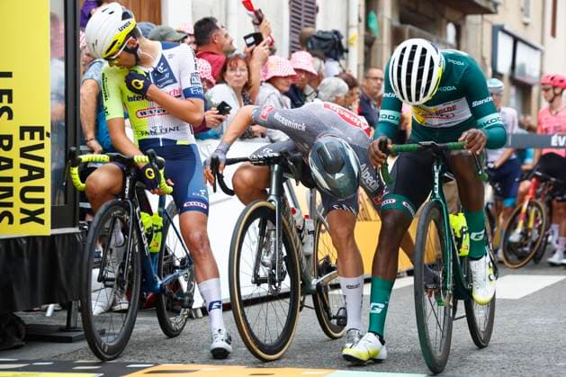 Tour de France 2024 - Stage 11 LE LIORAN, FRANCE - JULY 10 : Goossens Kobe (BEL) of Intermarche - Wanty, Philipsen Jasper (BEL) of Alpecin-Deceuninck and Girmay Biniam (ERI) of Intermarche - Wanty during stage 11 of the 111th edition of the Tour de France 2024 cycling race, a stage of 211 kms with start in Evaux-les-Bains and finish in Le Lioran on July 10, 2024 in Le Lioran, France, 10 07 2024 Le Lioran France  Copyright: xJanxDexMeuleneirx