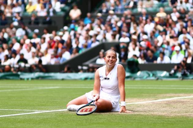 Jelena Ostapenko falls during her quarter final match Wimbledon Tennis Championships, Day 10, The All England Lawn Tennis and Croquet Club, London, UK - 10 Jul 2024  Copyright: xJamesxMarsh Shutterstockx 14578619at