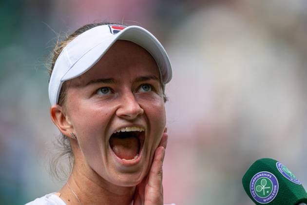 Tennis - Wimbledon Championship 2024 - Day 10 LONDON, ENGLAND - Wednesday, July 10, 2024: Barbora Krejcikova (CZE) gives an interview after the Ladies Singles Quarter-Final match on Day Ten of The Championships Wimbledon 2024 at the All England Lawn Tennis and Croquet Club. Krejcikova won 6-4, 7-6 (4). (Photo by Kirsten Holst Propaganda) LONDON All England Lawn Tennis and Croquet Club GREATER LONDON ENGLAND  Copyright: xKirstenxHolstx 2024-07-10-043-Wimbledon_Day_10