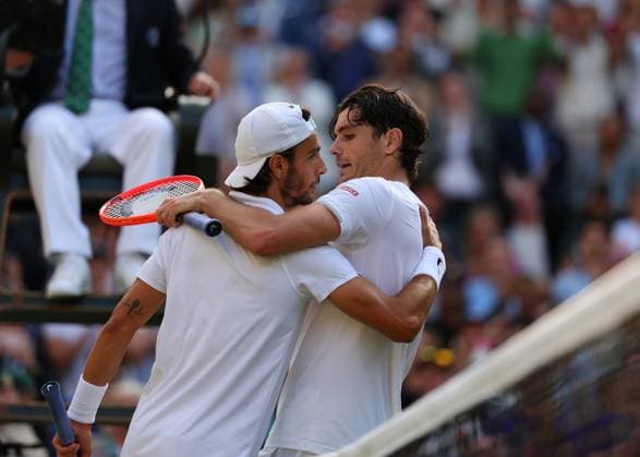 Tennis, Wimbledon, Die Highlights 10th July 2024; All England Lawn Tennis and Croquet Club, London, England; Wimbledon Tennis Tournament, Day 10; Taylor Fritz (USA) congratulates Lorenzo Musetti (ITA) after losing to the Italian by three sets to two, mens singles quarter final match  ActionPlus12666643 JohnxPatrickxFletcher