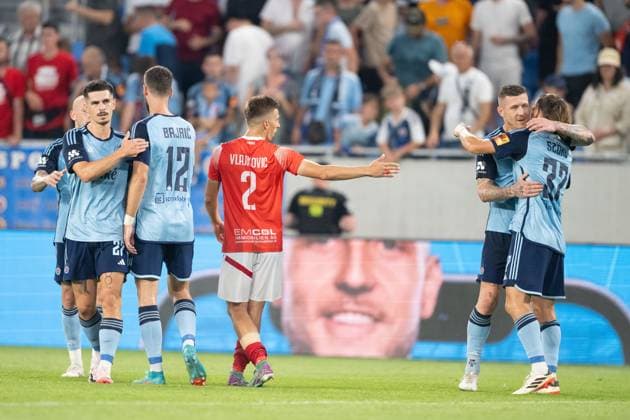 SK Slovan players a winning match celebrate during UEFA Champions league preliminary round match, SK Slovan Bratislava - FC Struga, 10. july 2024 Copyright: xx DSC_6503