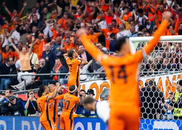 Dortmund, SignaI Iduna Park, 10.07.2024: Xavi Simons of netherlands celebrates scoring the 1:0 goal during the semifinal match Netherlands v. England at the UEFA European Championship, EM, Europameisterschaft 2024.