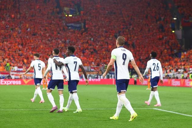 Netherlands v England 10 July 2024, Dortmund - UEFA EUROs - Semi-Final - Netherlands v England - Harry Kane of England walks back to his half after scoring their first goal - Photo: Charlotte Wilson Offside. Dortmund Germany Copyright: xCharlottexWilsonx xOffsidexOffside