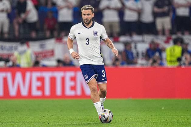 2024-07-10 Netherlands v England - Semi-Final - UEFA EURO, EM, Europameisterschaft,Fussball 2024 DORTMUND, GERMANY - JULY 10: Luke Shaw of England dribbles during the Semi-Final - UEFA EURO 2024 match between Netherlands and England at BVB Stadion Dortmund on July 10, 2024 in Dortmund, Germany. (Photo by Joris Verwijst BSR Agency) Dortmund Germany Content not available for redistribution in The Netherlands directly or indirectly through any third parties. Copyright: xBSRxAgencyx