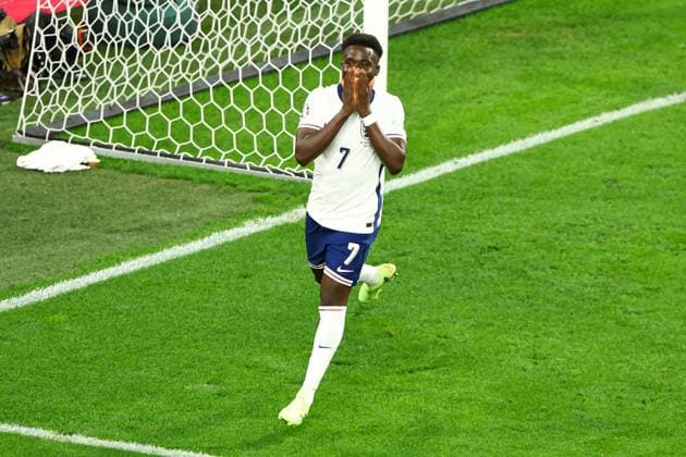 Bukayo Saka of England celebrates but their goal is ruled offside Netherlands v England, UEFA European Championship, EM, Europameisterschaft 2024, Semi Final, Football, BVB Stadion, Dortmund, Germany, 10 Jul 2024 EDITORIAL USE ONLY No use with unauthorised audio, video, data, fixture lists, club league logos or live services. Online in-match use limited to 120 images, no video emulation. No use in betting, games or single club league player publications.  Copyright: xKieranxMcManus Shutterstockx 14576895cn