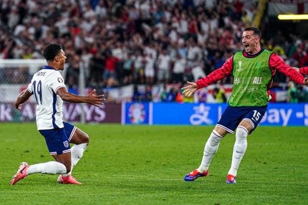 2024-07-10 Netherlands v England - Semi-Final - UEFA EURO, EM, Europameisterschaft,Fussball 2024 DORTMUND, GERMANY - JULY 10: Ollie Watkins of England celebrates the late winning goal during the Semi-Final - UEFA EURO 2024 match between Netherlands and England at BVB Stadion Dortmund on July 10, 2024 in Dortmund, Germany. (Photo by Joris Verwijst BSR Agency) Dortmund Germany Content not available for redistribution in The Netherlands directly or indirectly through any third parties. Copyright: xBSRxAgencyx