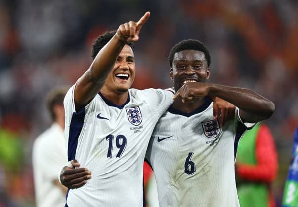 Ollie Watkins of England and Marc GuÃ hi of England celebrate winning the game at full time Netherlands v England, UEFA European Championship, EM, Europameisterschaft 2024, Semi Final, Football, BVB Stadion, Dortmund, Germany, 10 Jul 2024 EDITORIAL USE ONLY No use with unauthorised audio, video, data, fixture lists, club league logos or live services. Online in-match use limited to 120 images, no video emulation. No use in betting, games or single club league player publications.  Copyright: xMichaelxZemanek Shutterstockx 14576899eo