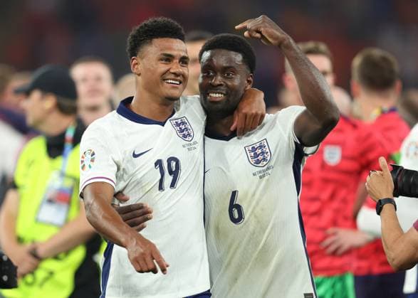 Dortmund, Germany, 10th July 2024. Ollie Watkins of England and Marc GuÃ hi of England celebrate the win during the UEFA European Championships semi final match at BVB Stadion, Dortmund. Picture credit should read: Paul Terry Sportimage EDITORIAL USE ONLY. No use with unauthorised audio, video, data, fixture lists, club league logos or live services. Online in-match use limited to 120 images, no video emulation. No use in betting, games or single club league player publications. SPI-3222-0075