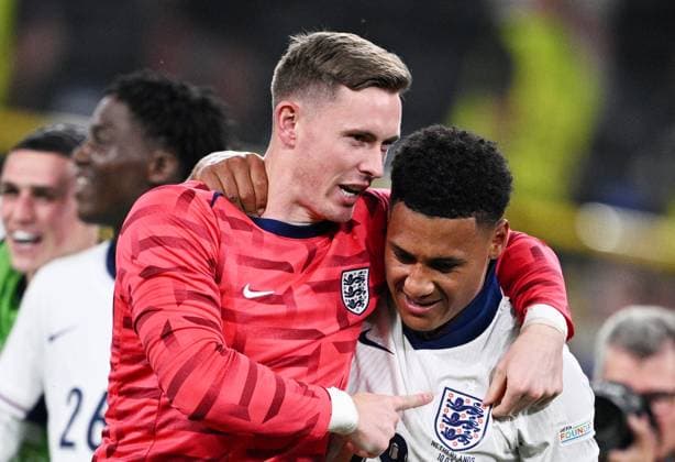 Germany Soccer Euro 2024 Netherlands - England 8726746 10.07.2024 England s Ollie Watkins, right, and goalkeeper Dean Henderson celebrate team s victory in the UEFA EURO, EM, Europameisterschaft,Fussball 2024 semi-final soccer match between Netherlands and England at the BVB Stadion Dortmund, in Dortmund, Germany. Alexey Filippov Sputnik Dortmund Germany  Copyright: xAlexeyxFilippovx