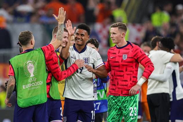 Netherlands v England Euro 2024 10 07 2024. Semi Final Ollie Watkins of England celebrates with his team mates at full time during the Euro 2024 semi-final match between Netherlands and England at BVB Stadion, Dortmund, Germany on 10 July 2024. Editorial use only , Copyright: xNigelxKeenex PSI-19938-0093