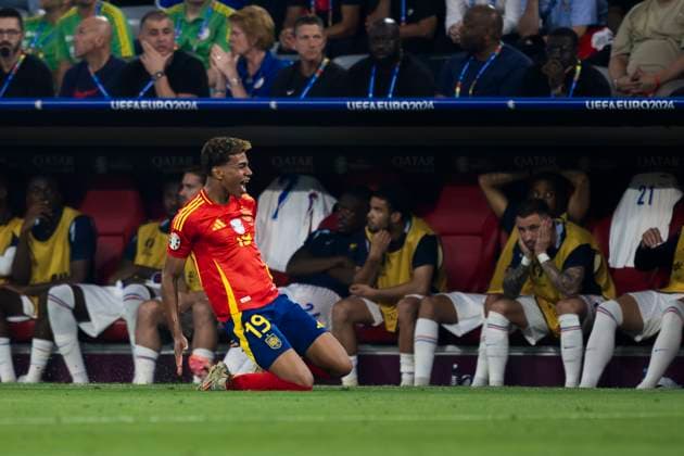 Spain v France - UEFA EURO, EM, Europameisterschaft,Fussball 2024 Lamine Yamal of Spain celebrates after scoring a goal during the UEFA EURO 2024 semi-final football match between Spain and France. Munich Germany Copyright: xNicolòxCampox