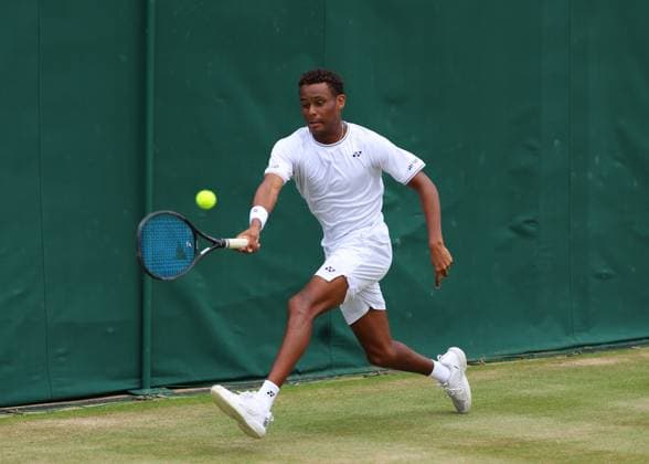 10th July 2024; All England Lawn Tennis and Croquet Club, London, England; Wimbledon Tennis Tournament, Day 10; Matthew Forbes (USA) from the baseline against Naoya Honda (JPN), boys singles second round match  ActionPlus12666916 JohnxPatrickxFletcher