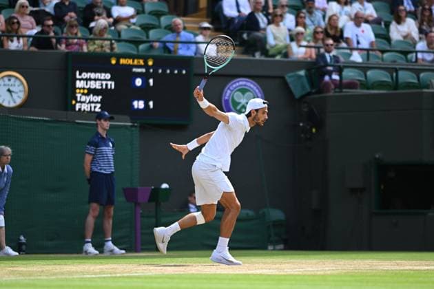 Wimbledon - Musetti v Fritz Quarter-Final Lorenzo Musetti (ITA) during his quarter final round match at the 2024 Wimbledon Championships at the AELTC in London, UK, on July 10, 2024. Photo by Corinne Dubreuil ABACAPRESS.COM London United Kingdom  Copyright: xDubreuilxCorinne ABACAx