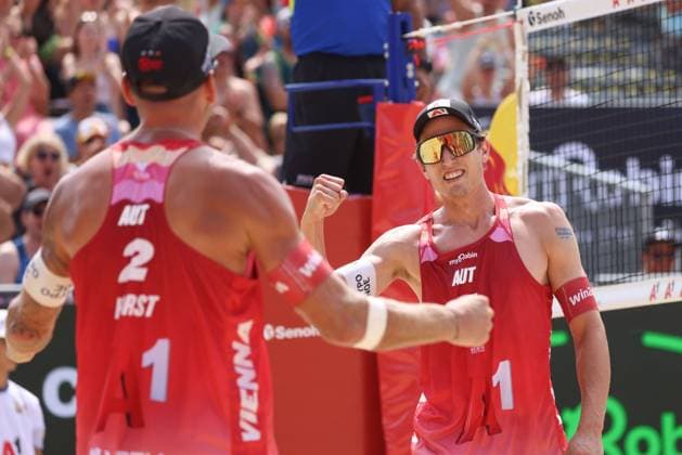 BEACHVOLLEYBALL - Beach Pro Vienna VIENNA,AUSTRIA,11.JUL.24 - Beach volleyball, Beachvolleyball - A1 Beach Pro Vienna. Image shows Julian Hoerl and Alexander Horst (AUT).  GEPAxpictures xMathiasxMandl