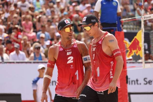 BEACHVOLLEYBALL - Beach Pro Vienna VIENNA,AUSTRIA,11.JUL.24 - Beach volleyball, Beachvolleyball - A1 Beach Pro Vienna. Image shows Julian Hoerl and Alexander Horst (AUT).  GEPAxpictures xMathiasxMandl
