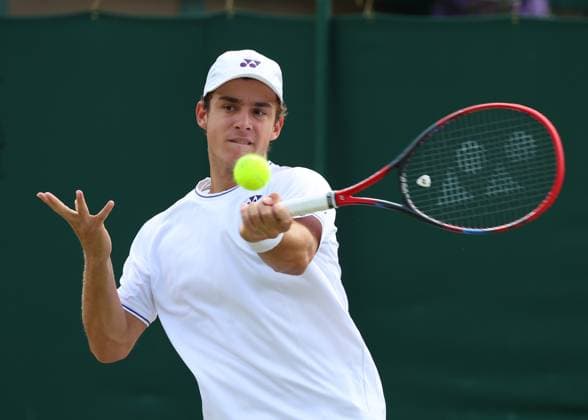 11th July 2024; All England Lawn Tennis and Croquet Club, London, England; Wimbledon Tennis Tournament, Day 11; Kaylan Bigun (USA) from the baseline against Amir Omarkhanov (KAZ), Boys Singles Third Round  ActionPlus12666945 JohnxPatrickxFletcher