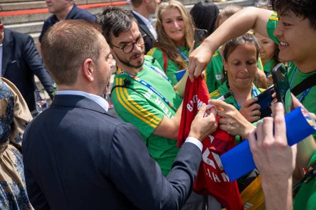 Munich, Bavaria, Germany - 11 July 2024: Tournament Director of UEFA EURO, EM, Europameisterschaft,Fussball 2024 Philipp Lahm signs autographs at the award ceremony for the volunteers of the European Championship, EM, Europameisterschaft