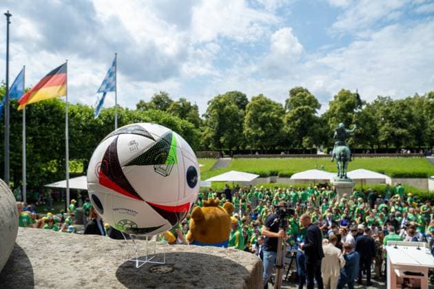 Munich, Bavaria, Germany - 11 July 2024: Honoring the volunteers of the European Championships in the Lower Hofgarten in Munich. Soccer love match ball from Adidas is also on display