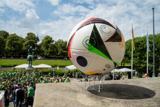 Munich, Bavaria, Germany - 11 July 2024: Honoring the volunteers of the European Championships in the Lower Hofgarten in Munich. Soccer love match ball from Adidas is also on display