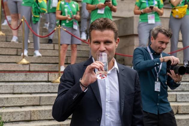 Munich, Bavaria, Germany - 11 July 2024: Honoring the volunteers of the European Championships in the Lower Hofgarten in Munich. Soccer referee Felix Brych