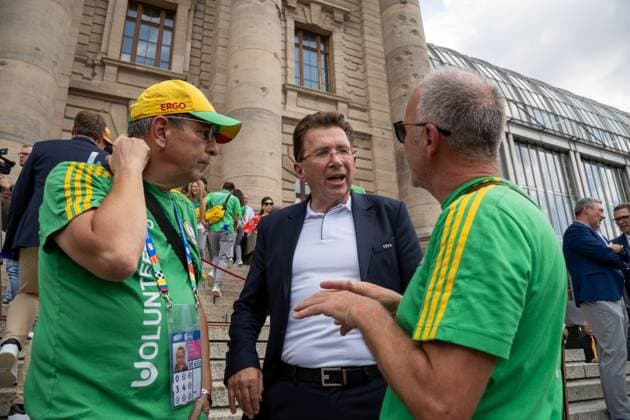 Munich, Bavaria, Germany - 11 July 2024: Honoring the volunteers of the UEFA EURO, EM, Europameisterschaft,Fussball 2024 European Football Championship in the Unterer Hofgarten in Munich. UEFA Events CEO Martin Kallen talks to volunteers