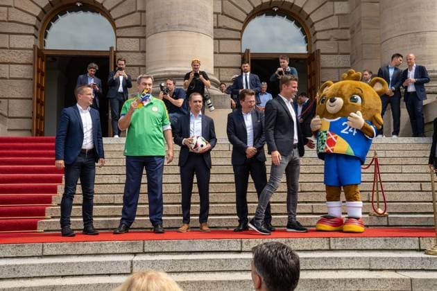 Munich, Bavaria, Germany - 11 July 2024: Honoring the volunteers of the UEFA EURO, EM, Europameisterschaft,Fussball 2024 European Football Championship in the Unterer Hofgarten in Munich. Christoph Kern, Dr. Markus Söder, Philipp Lahm, Martin Kallen, Felix Brych and Albärt