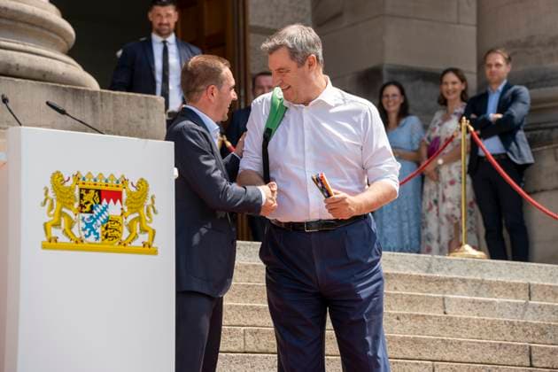 Munich, Bavaria, Germany: 11 July 2024: Dr. Markus Söder and Philipp Lahm shake hands at the closing ceremony for the 2024 European Championship, EM, Europameisterschaft and thank the helpers.