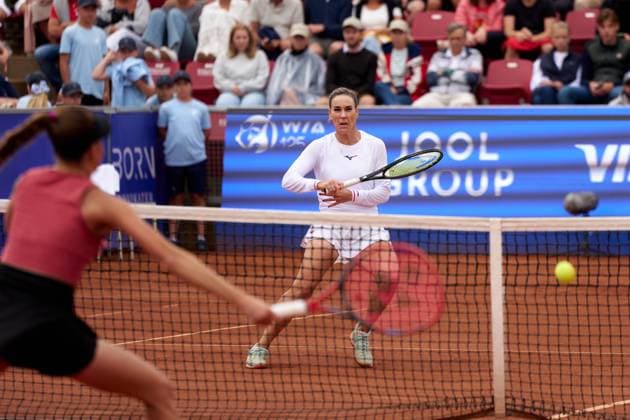 Nuria Parrizas-Diaz of Spain returns a backhand to Tamara Korpatsch of Germany during their quarter final match at Nordea Open at Bastad Tennis Stadium on July 11, 2024 in Bastad, Sweden (Photo by Camilla Stolen Imago) Bastad Sweden Copyright: xCamillaxStolenx L2230214