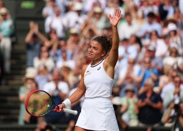 11th July 2024; All England Lawn Tennis and Croquet Club, London, England; Wimbledon Tennis Tournament, Day 11; Jasmine Paolini (ITA) waves to the spectators after defeating Donna Vekic (CRO) by two sets to one to reach the ladies singles final match  ActionPlus12666951 JohnxPatrickxFletcher