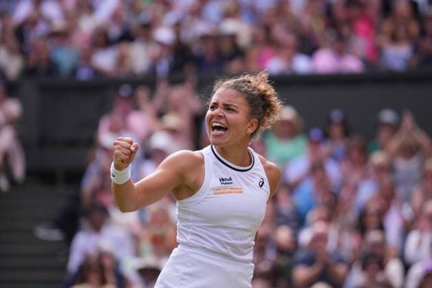 Italy s Jasmine Paolini celebrates winning against Croatia s Donna Vekic during their women s singles semi-final tennis match on the eleventh day of the 2024 Wimbledon Championships at The All England Lawn Tennis and Croquet Club in Wimbledon, southwest London, on July 11, 2024. Paolini won the match 2-6, 6-4, 7-6.  Copyright: xHiroshixSatox