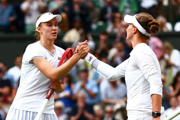 Barbora Krejcikova celebrates victory in her semi final match against Elena Rybakina Wimbledon Tennis Championships, Day 11, The All England Lawn Tennis and Croquet Club, London, UK - 11 Jul 2024  Copyright: xJamesxMarsh Shutterstockx 14580282gv