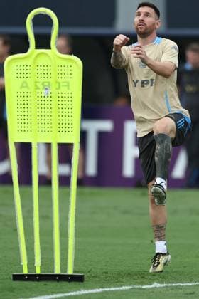 Argentina s forward Lionel Messi jumps during a training session ahead the match against Colombia for the Copa America USA 2024 final match, at Florida International University (FIU), Miami, on July 11 2024. MIAMI UNITED STATES Copyright: xALEJANDROxPAGNIx