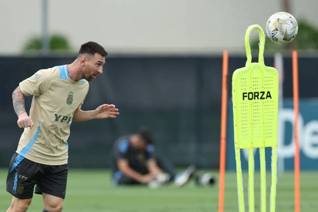 Argentina s forward Lionel Messi heads the ball during a training session ahead the match against Colombia for the Copa America USA 2024 final match, at Florida International University (FIU), Miami, on July 11 2024. MIAMI UNITED STATES Copyright: xALEJANDROxPAGNIx