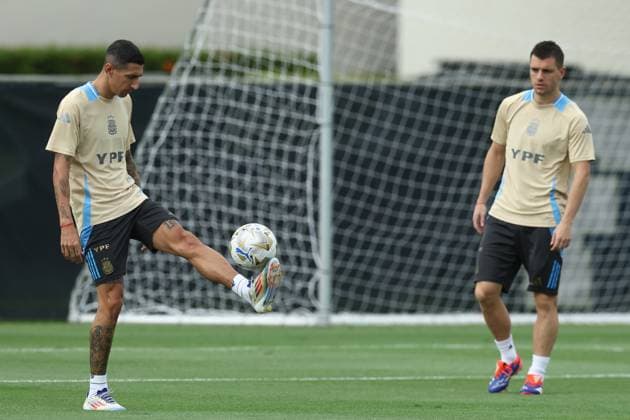 Argentina s forward Angel Di Maria (L) and midfielder Giovani Lo Celso during a training session ahead the match against Colombia for the Copa America USA 2024 final match, at Florida International University (FIU), Miami, on July 11 2024. MIAMI UNITED STATES Copyright: xALEJANDROxPAGNIx