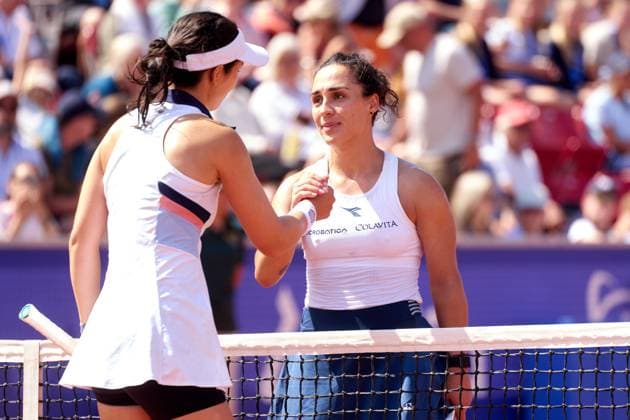 Martina Trevisan of Italy greets Louisa Chirico of United States at the net after her win of the Womens singles semi final match at Nordea Open at Bastad Tennis Stadium on July 12, 2024 in Bastad, Sweden (Photo by Camilla Stolen Imago) Bastad Sweden Copyright: xCamillaxStolenx L2250545