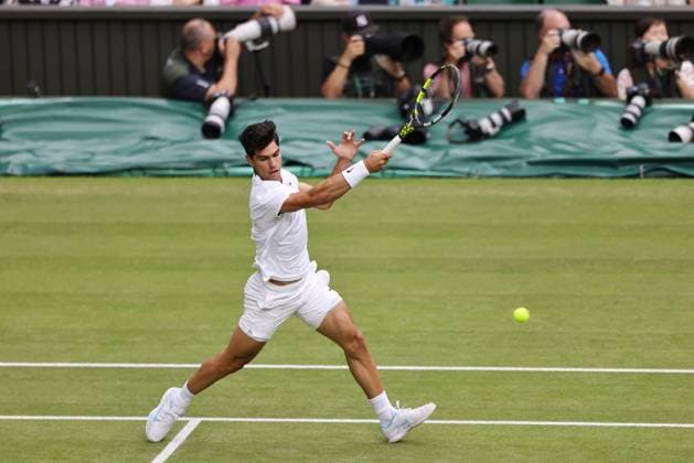 Carlos Alcaraz, ESP, during semifinals of 2024 All England Lawn Tennis Championships at Wimbledon, gentlemens singles, London, 12 07 2024; -
