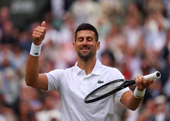 12th July 2024; All England Lawn Tennis and Croquet Club, London, England; Wimbledon Tennis Tournament, Day 12; Novak Djokovic (SRB) celebrates by giving a thumbs up gesture to the spectators at Centre Court after defeating Lorenzo Musetti (ITA) by straight sets to reach the Gentlemen& x2019;s Singles Finals  ActionPlus12667206 JohnxPatrickxFletcher