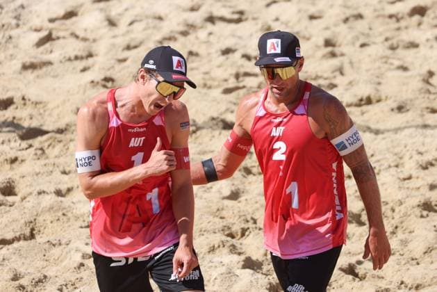BEACHVOLLEYBALL - Beach Pro Vienna VIENNA,AUSTRIA,13.JUL.24 - Beach volleyball, Beachvolleyball - A1 Beach Pro Vienna. Image shows Julian Hoerl and Alexander Horst (AUT).  GEPAxpictures xMathiasxMandl