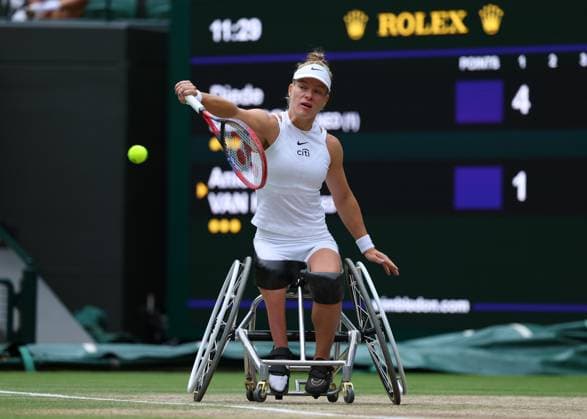 13th July 2024; All England Lawn Tennis and Croquet Club, London, England; Wimbledon Tennis Tournament, Day 13; Diede De Groot (NED) from the baseline against Aniek Van Koot (NED), in the Ladies Wheelchair Singles Final on Court One  ActionPlus12667319 JohnxPatrickxFletcher