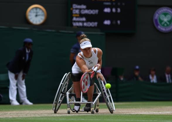 13th July 2024; All England Lawn Tennis and Croquet Club, London, England; Wimbledon Tennis Tournament, Day 13; Diede De Groot (NED) from the baseline against Aniek Van Koot (NED), in the Ladies Wheelchair Singles Final on Court One  ActionPlus12667325 JohnxPatrickxFletcher