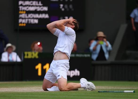 13th July 2024; All England Lawn Tennis and Croquet Club, London, England; Wimbledon Tennis Tournament, Day 13; Harri Heliovaara (FIN) celebrate with Henry Patten (GBR) after defeating Max Purcell (AUS) and Jordan Thompson (AUS) in the Gentlemen& x2019;s Doubles Finals  ActionPlus12667623 JohnxPatrickxFletcher
