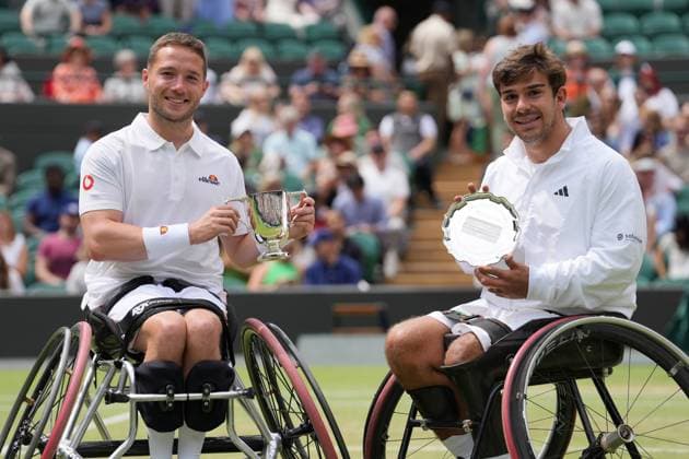 Lawn Tennis - 2024 Wimbledon Championship Mens Wheelchair Singles Final Alfie Hewitt (GBR) v Martin De la Puente (ESP) All England Lawn Tennis & Croquet Club - Sunday 14th July 2024 Alfie Hewitt (GBR) Winner and Martin De la Puente (ESP) with their trophies 