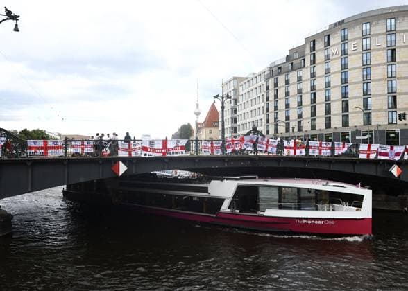 Berlin, Germany, 14th July 2024. England fans arriving before the UEFA European Championships final match at Olympiastadion, Berlin. Picture credit should read: David Klein Sportimage EDITORIAL USE ONLY. No use with unauthorised audio, video, data, fixture lists, club league logos or live services. Online in-match use limited to 120 images, no video emulation. No use in betting, games or single club league player publications. SPI-3228-0007