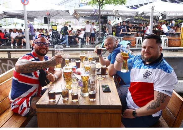 Berlin, Germany, 14th July 2024. England fans arriving before the UEFA European Championships final match at Olympiastadion, Berlin. Picture credit should read: David Klein Sportimage EDITORIAL USE ONLY. No use with unauthorised audio, video, data, fixture lists, club league logos or live services. Online in-match use limited to 120 images, no video emulation. No use in betting, games or single club league player publications. SPI-3228-0009